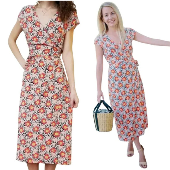 J. Crew Dresses & Skirts - J.Crew Mercantile Short Sleeve Floral Midi Wrap Dress Women's XS Orange V-Neck